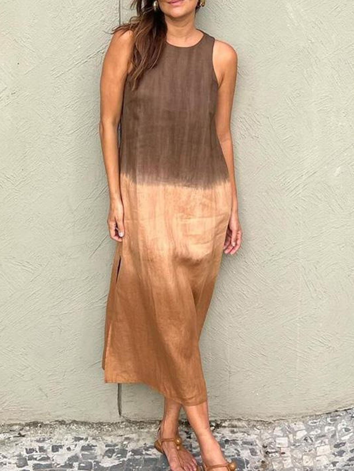 Women Ombre Crew Neck Sleeveless Comfy Casual Maxi Dress