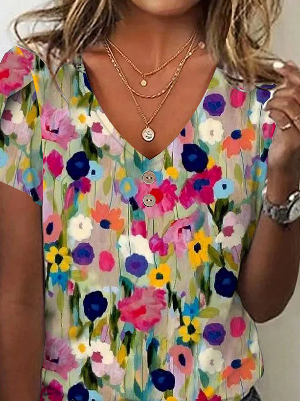 Casual Floral V Neck Short Sleeve T-shirt