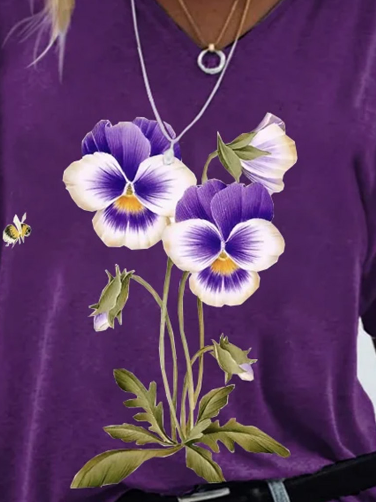Casual Floral V Neck Short Sleeve T-shirt