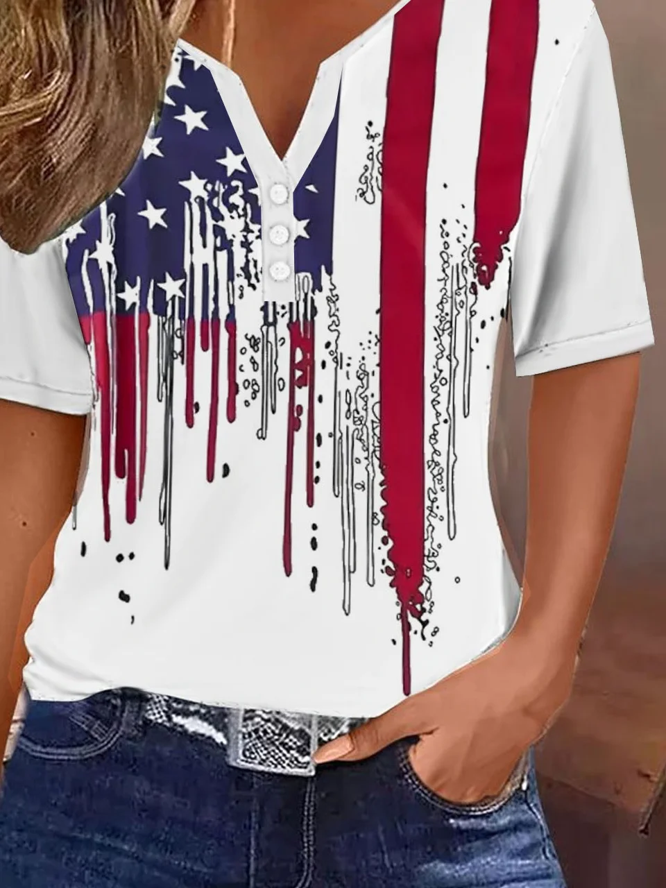 Casual America Flag Notched Short Sleeve T-shirt