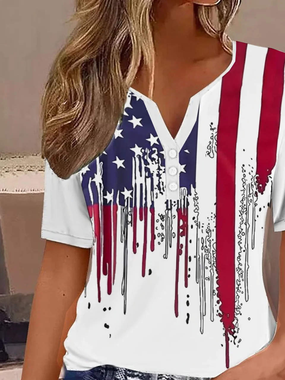 Casual America Flag Notched Short Sleeve T-shirt