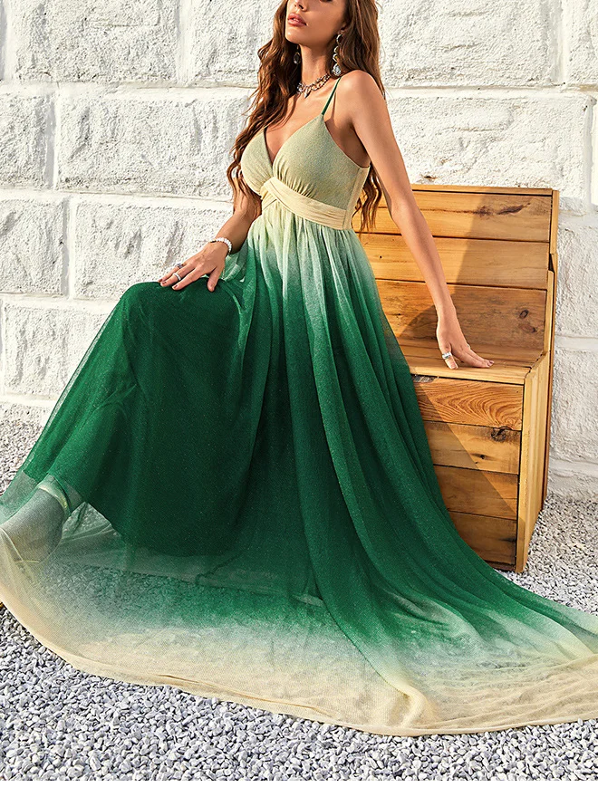 Women Ombre V Neck Gallus Comfy Sexy Maxi Dress