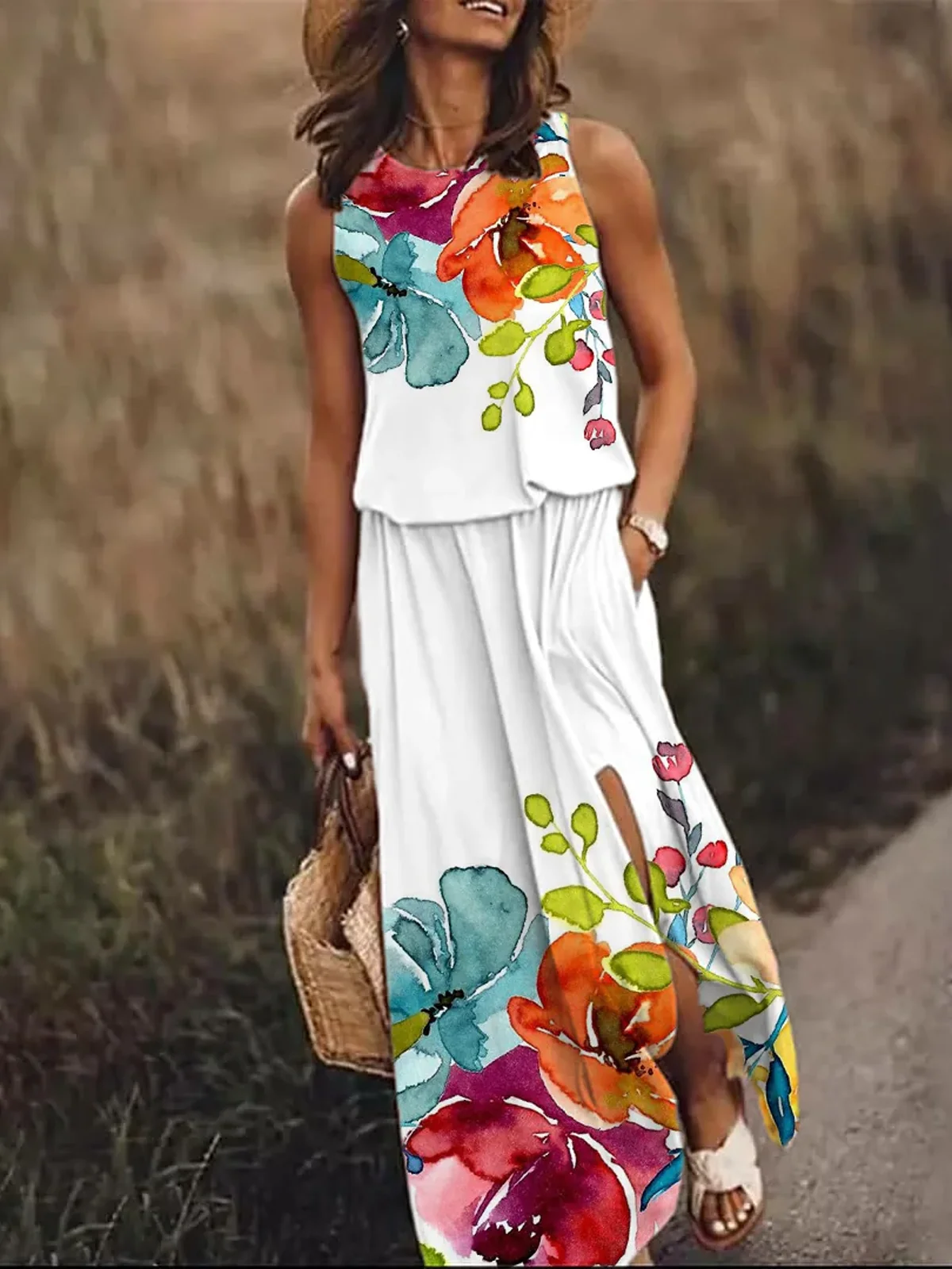 Women Floral Crew Neck Sleeveless Comfy Casual Maxi Dress