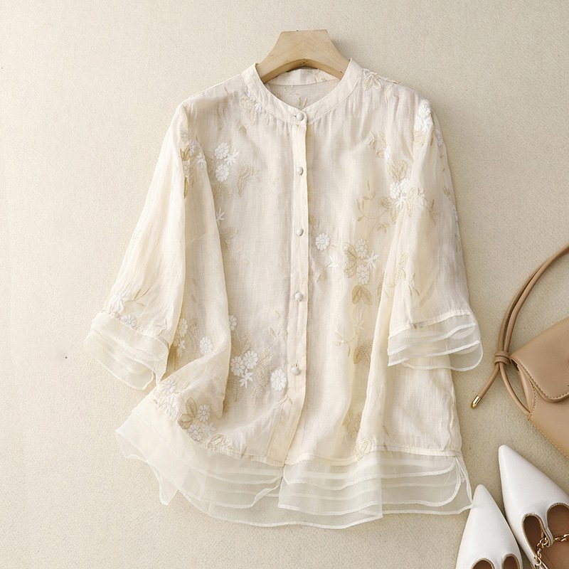 Stand Collar Half Sleeve Embroidery Patterns Regular Loose Shirt For Women