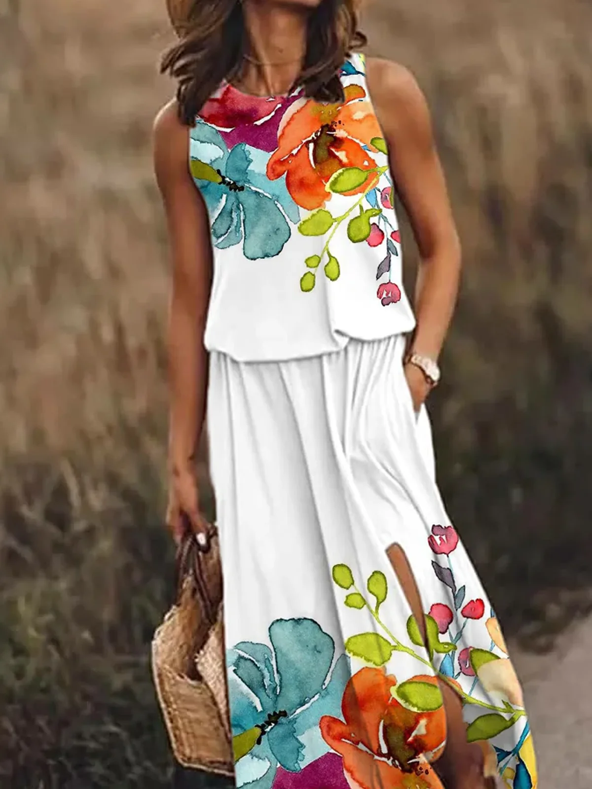 Women Floral Crew Neck Sleeveless Comfy Casual Maxi Dress