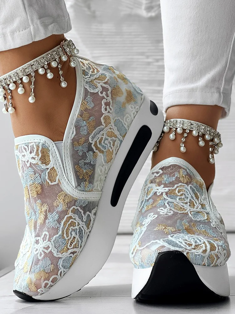 Casual Floral Slip On Low Heel Slip On Embroidery
