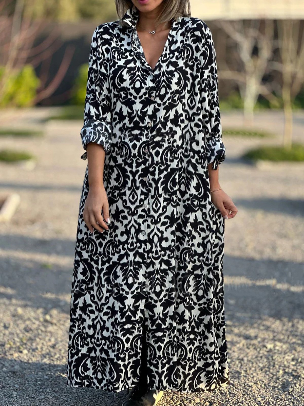 Women Ethnic Shirt Collar Three Quarter Sleeve Comfy Casual Maxi Dress