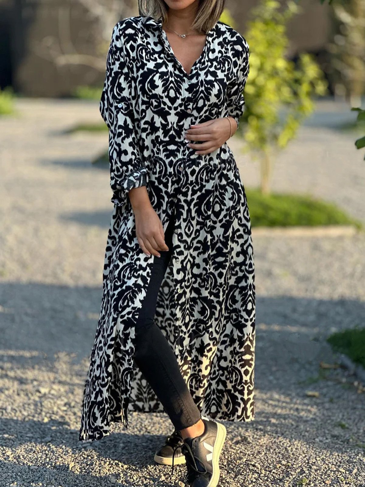 Women Ethnic Shirt Collar Three Quarter Sleeve Comfy Casual Maxi Dress