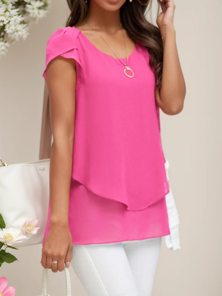 Crew Neck Petal Sleeve Short Sleeve Plain Regular Loose Shirt For Women