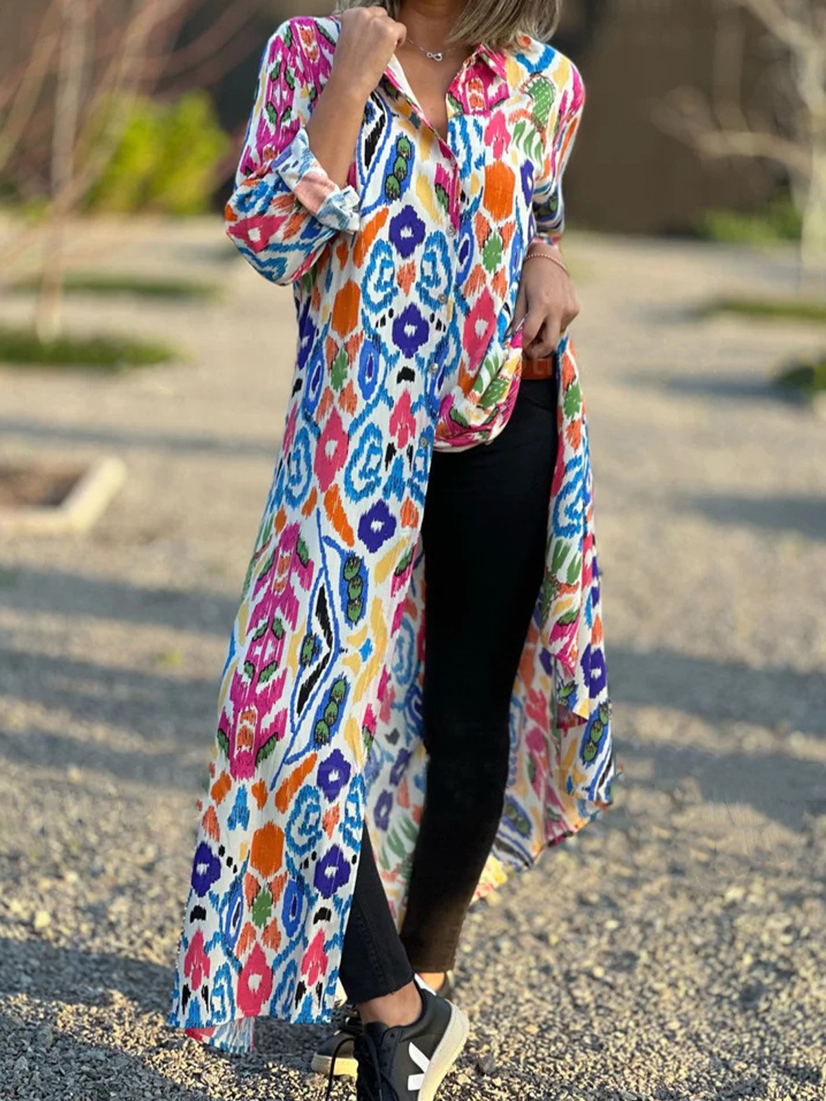 Women Ethnic Shirt Collar Three Quarter Sleeve Comfy Casual Maxi Dress