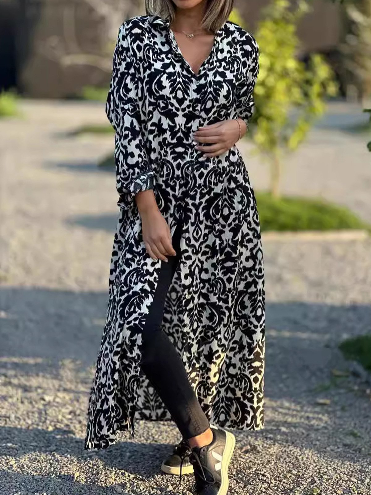 Women Ethnic Shirt Collar Three Quarter Sleeve Comfy Casual Maxi Dress