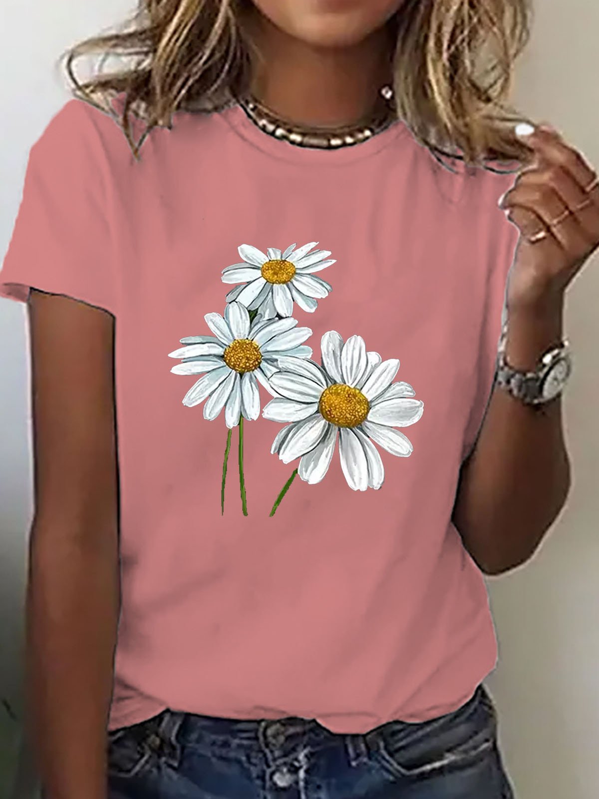 Casual Daisy Crew Neck Short Sleeve T-shirt