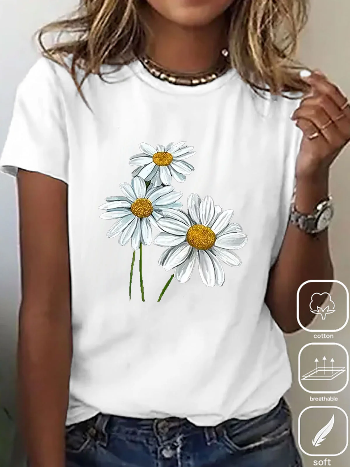 Casual Daisy Crew Neck Short Sleeve T-shirt