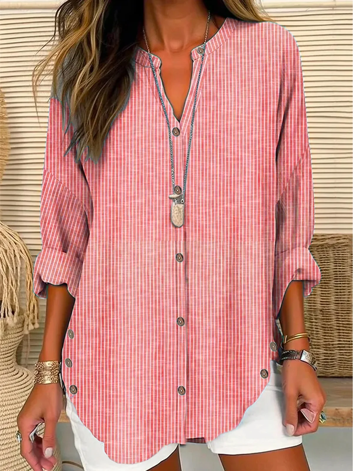 Women Tunic Shirt Collar Long Sleeve Striped Buckle Loose Blouse