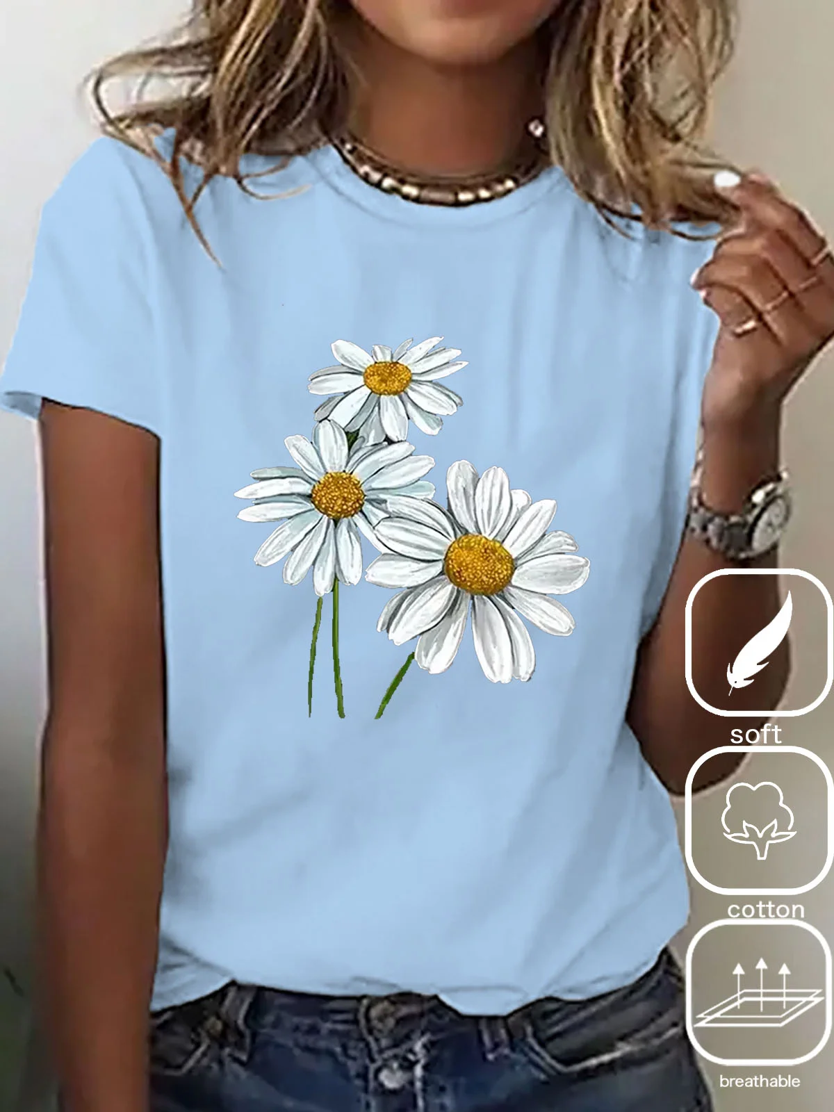 Casual Daisy Crew Neck Short Sleeve T-shirt