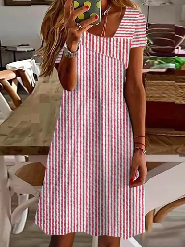 Women Striped Asymmetrical Short Sleeve Comfy Casual Short Dress