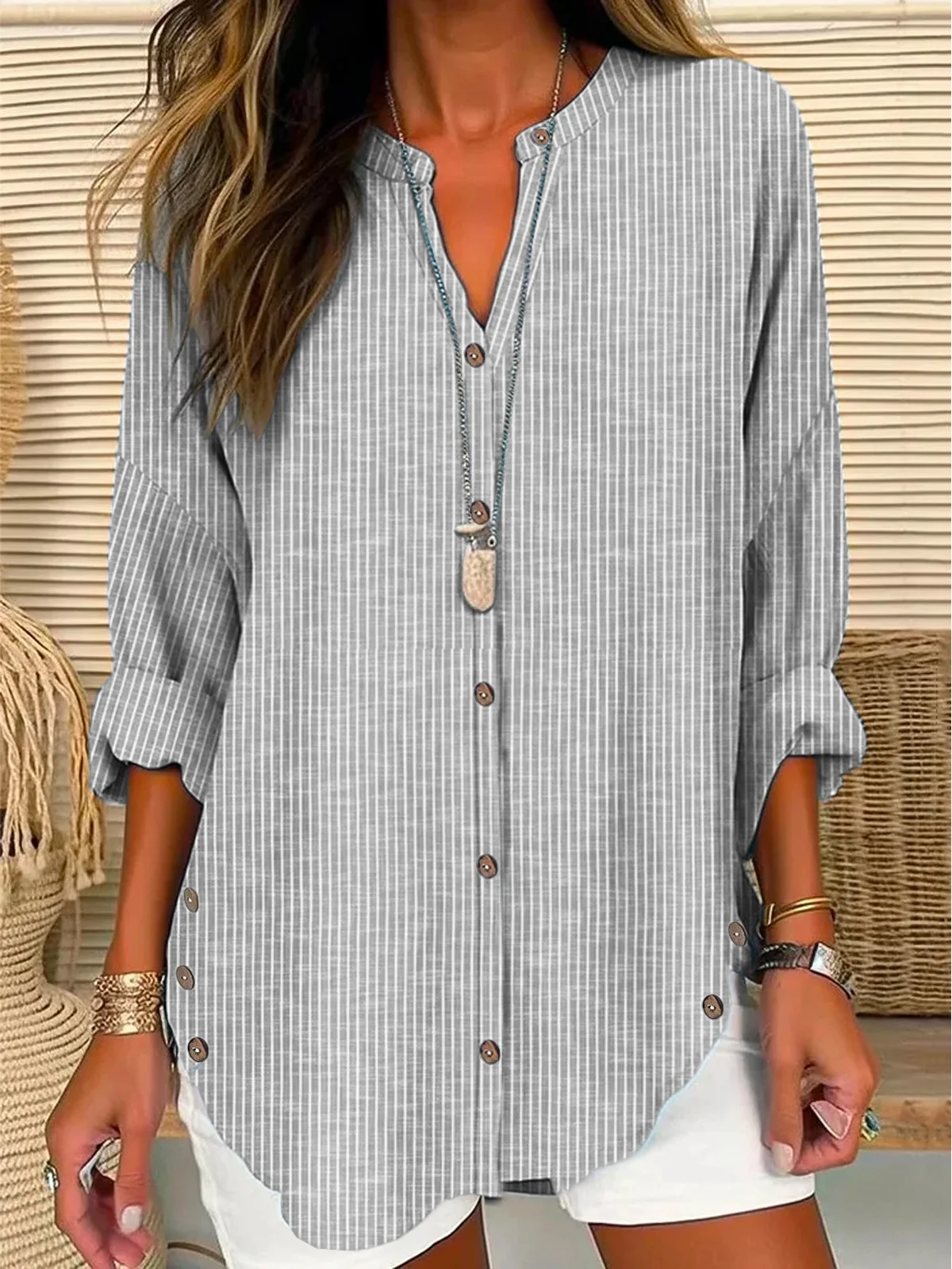 Women Tunic Shirt Collar Long Sleeve Striped Buckle Loose Blouse