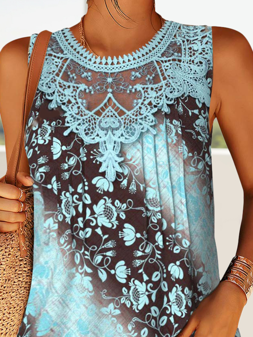 Casual Crew Neck Floral Tank Top Lace