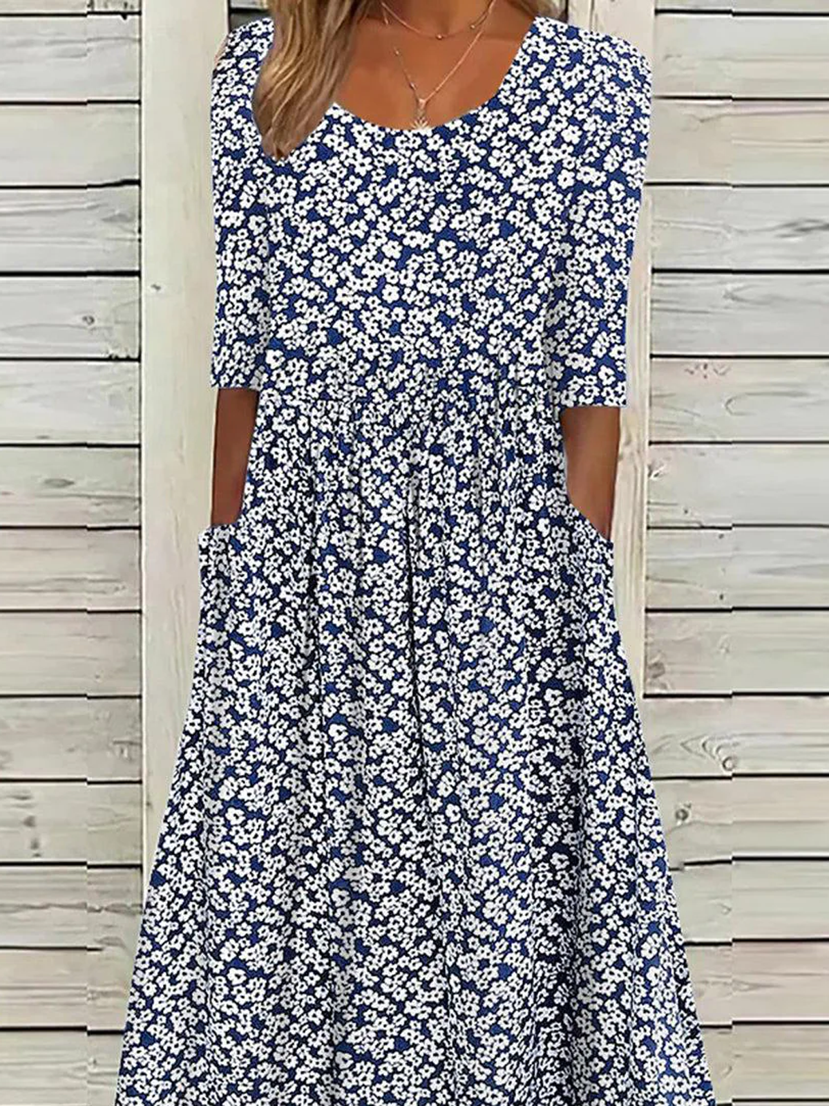 Women Ditsy Floral Crew Neck Half Sleeve Comfy Casual Midi Dress