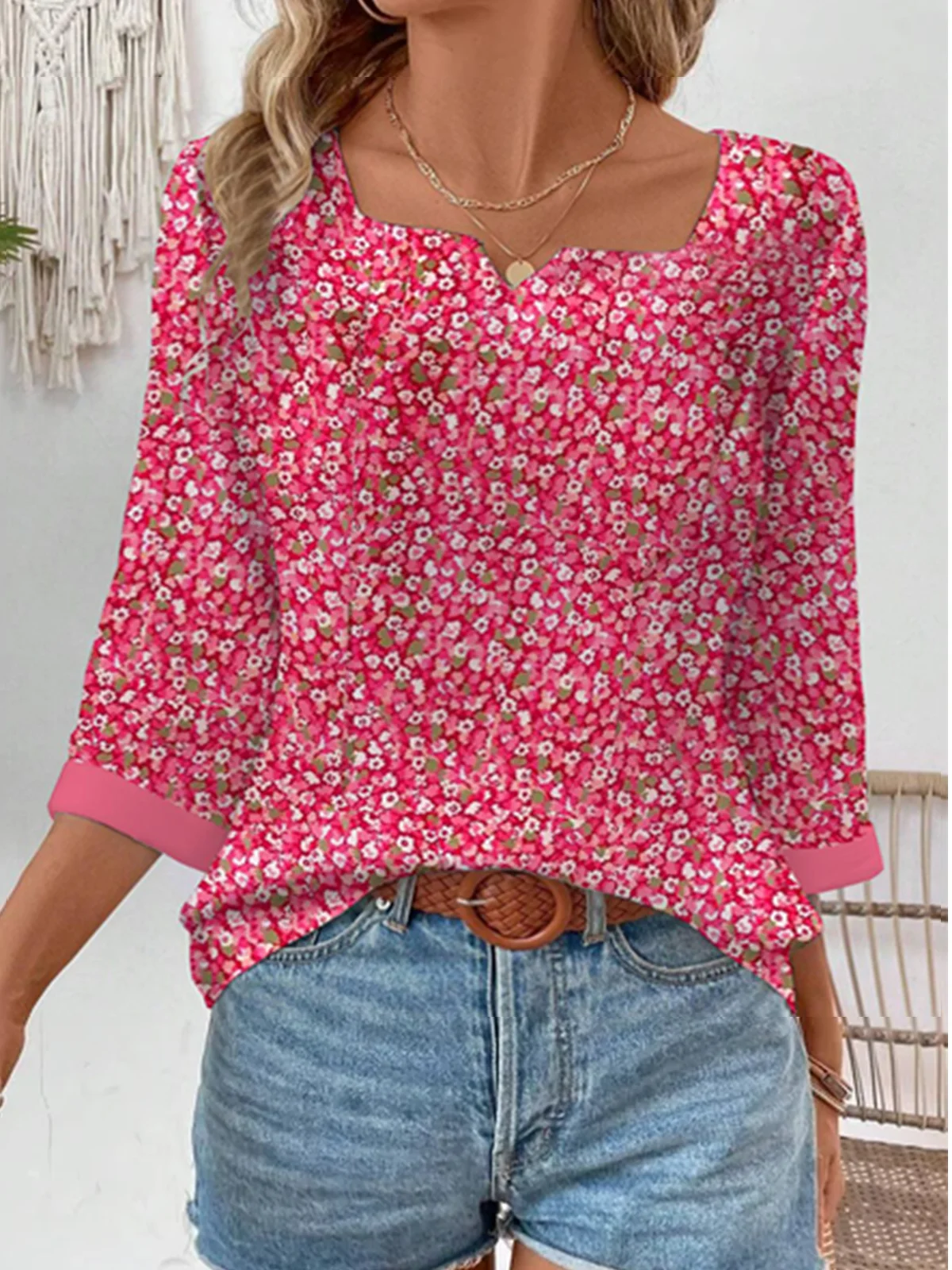 Notched Three Quarter Sleeve Floral Regular Micro-Elasticity Regular Fit Blouse For Women