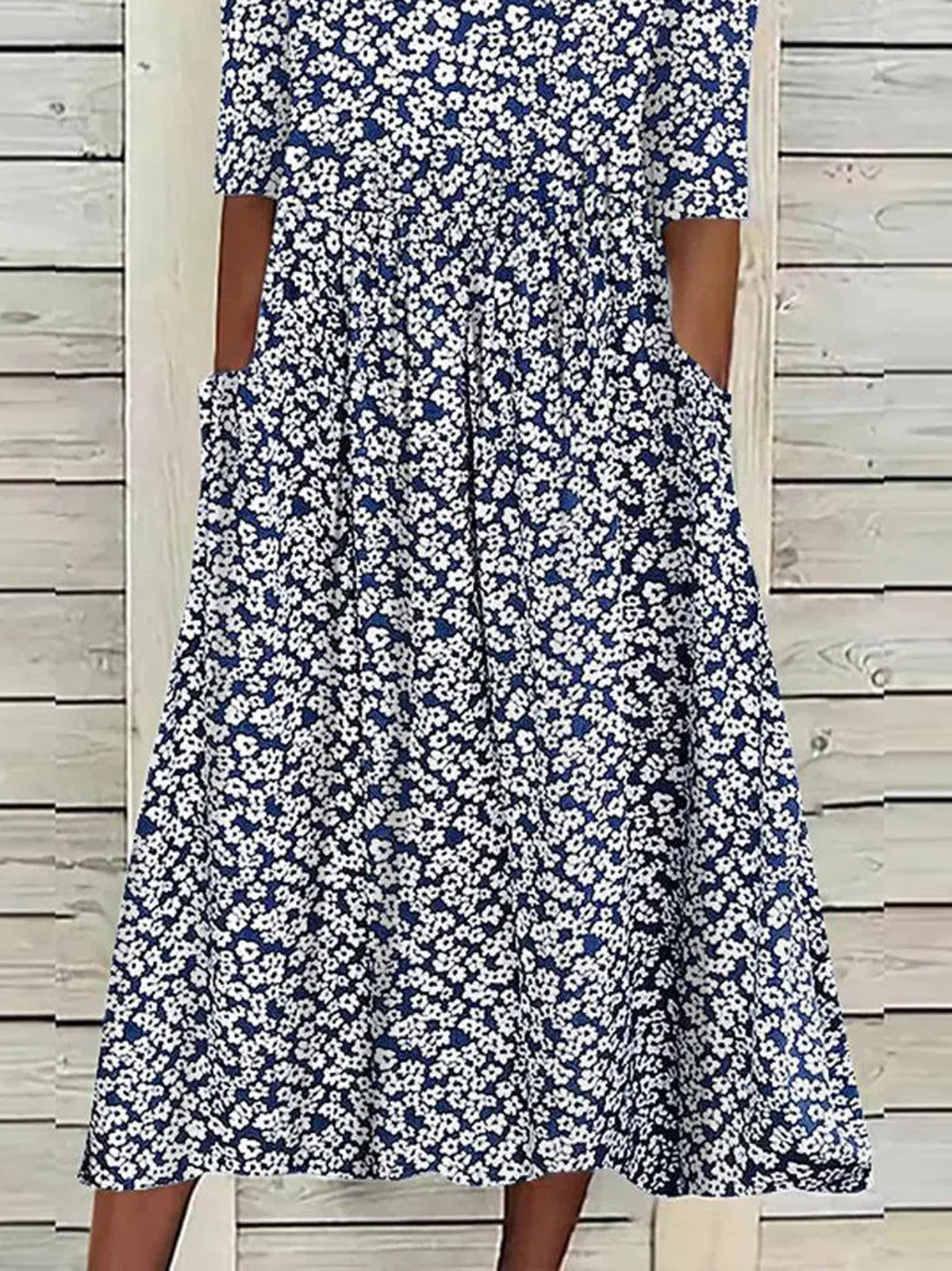 Women Ditsy Floral Crew Neck Half Sleeve Comfy Casual Midi Dress