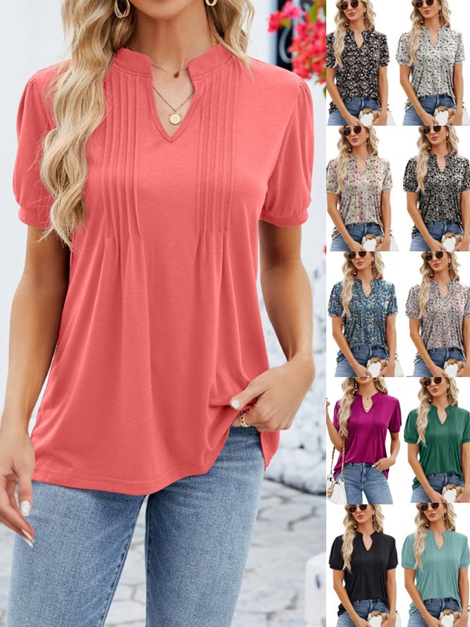 Casual Plain V Neck Short Sleeve T-shirt