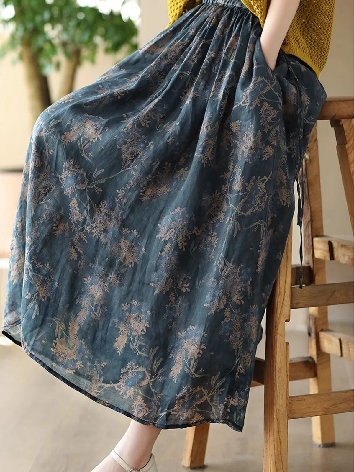 Casual Floral A-Line Natural Maxi Skirt