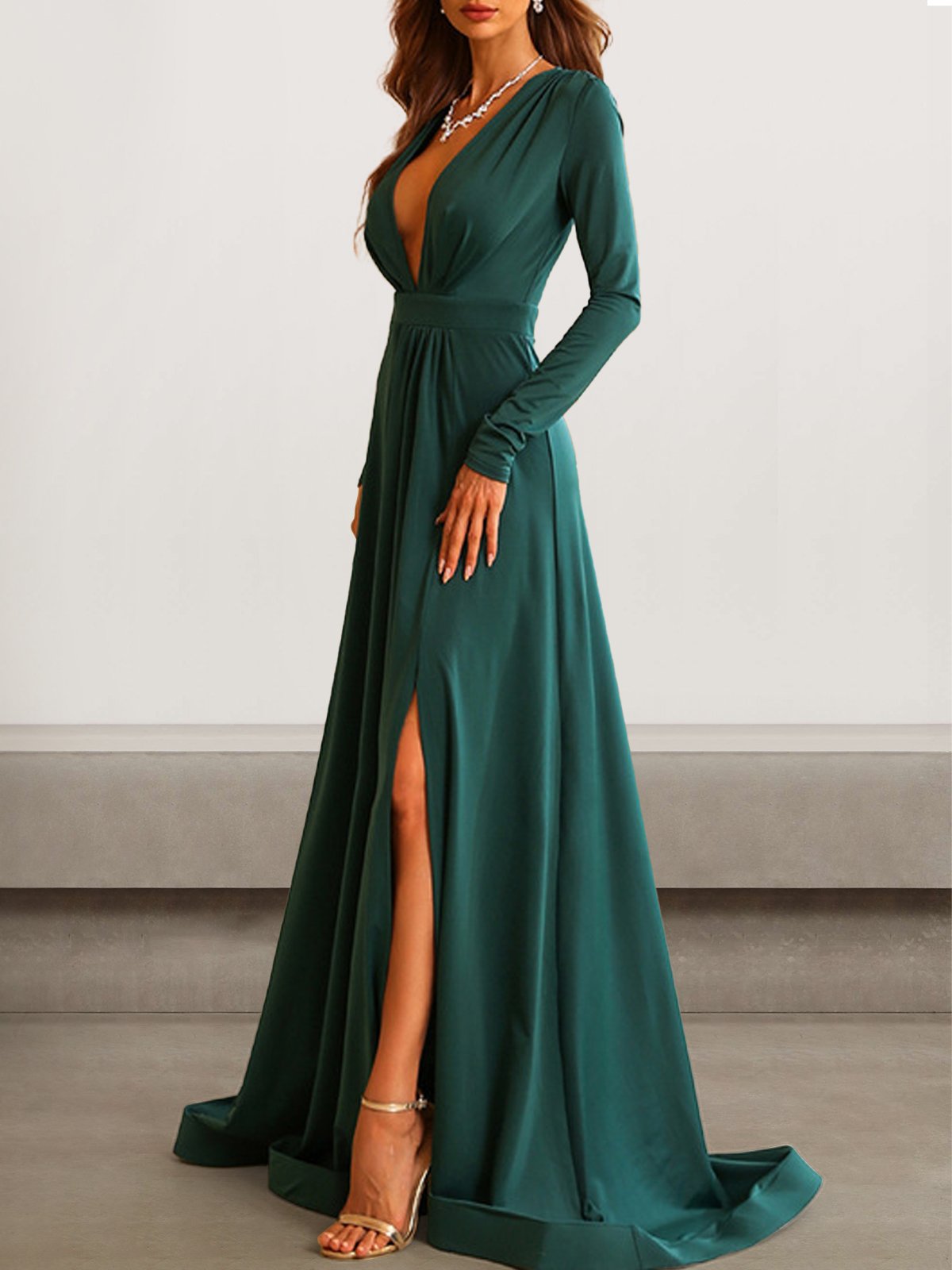 Women Plain V Neck Long Sleeve Comfy Sexy Maxi Dress