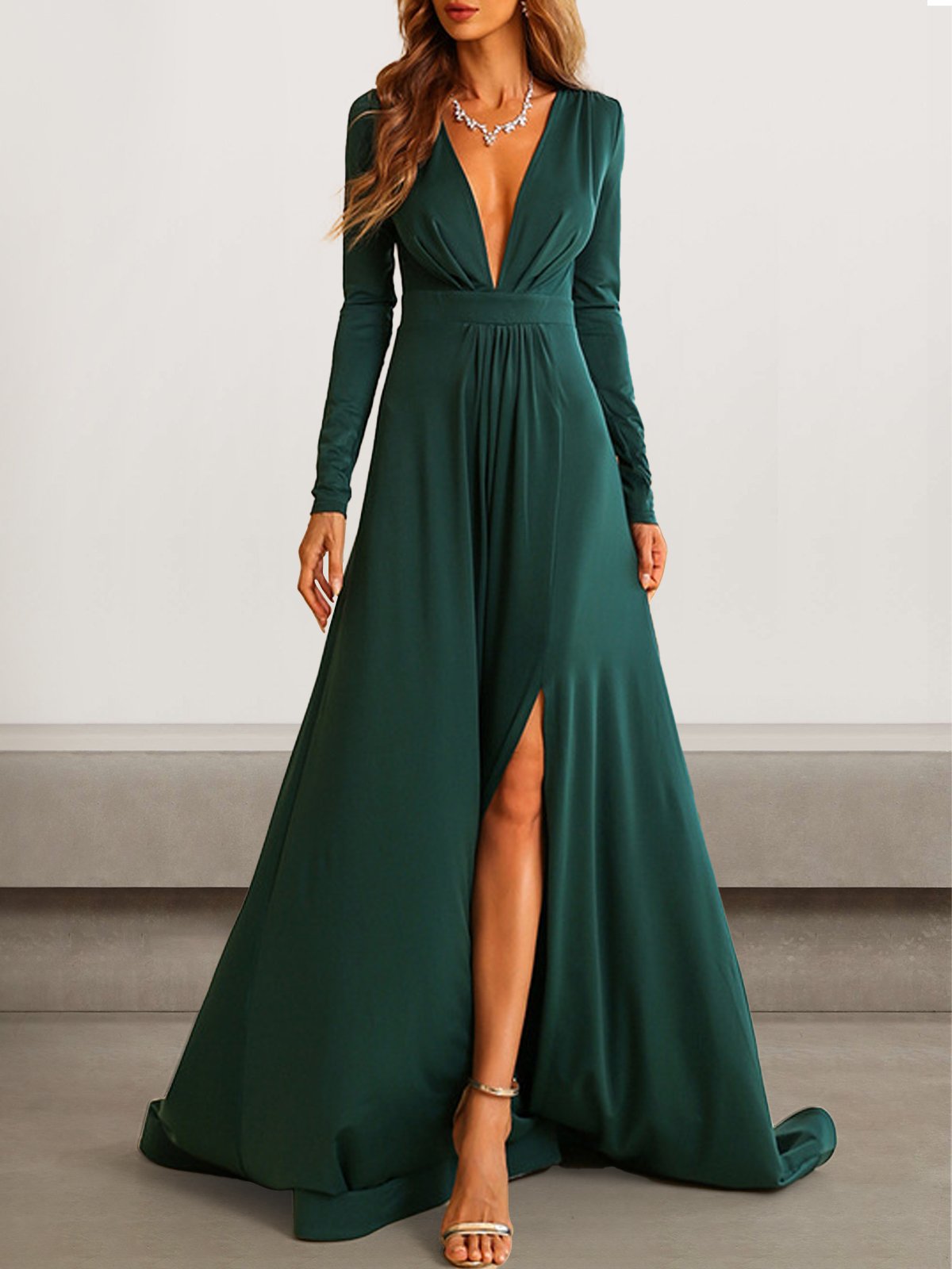 Women Plain V Neck Long Sleeve Comfy Sexy Maxi Dress