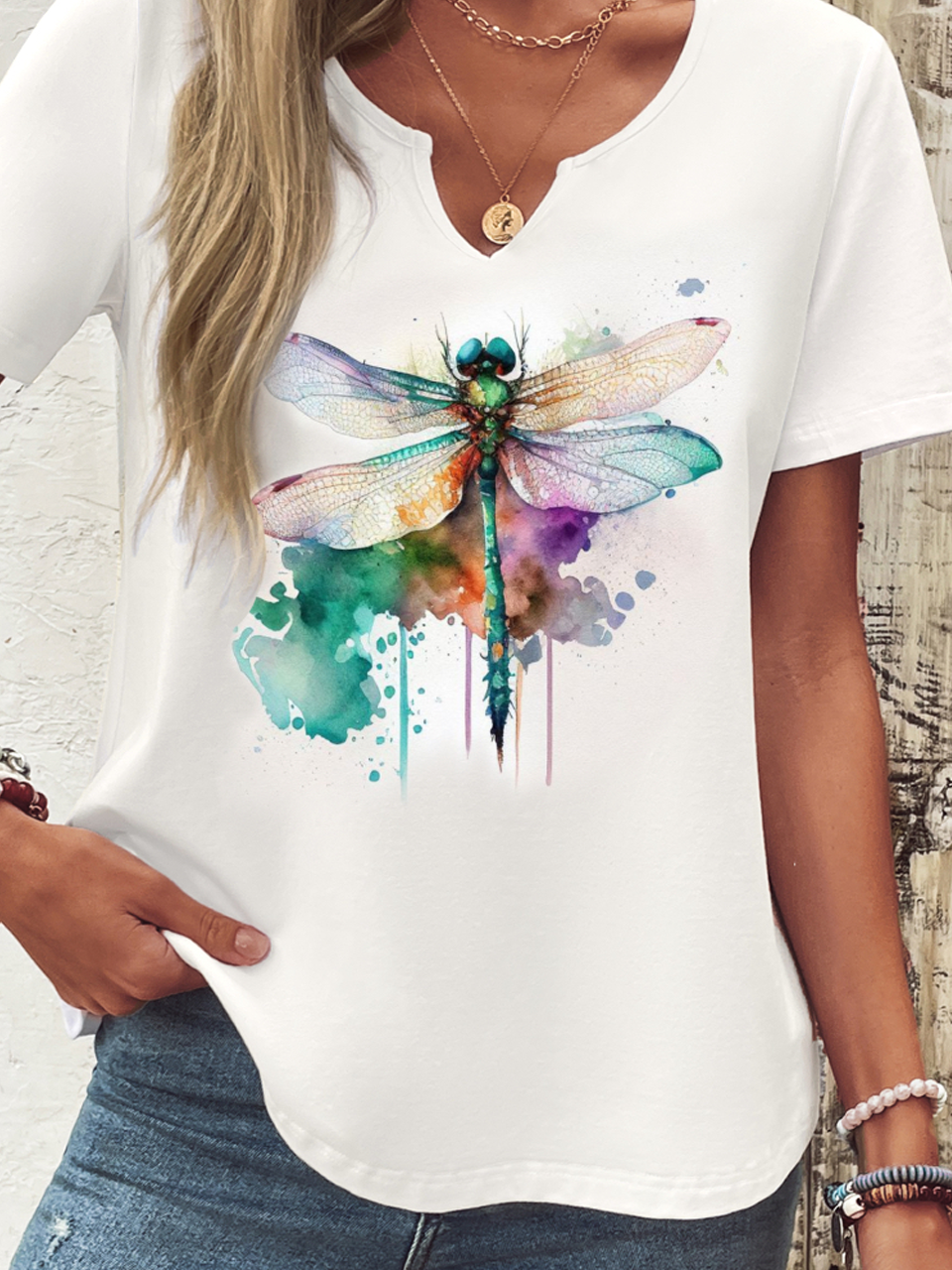 Casual Dragonfly Notched Short Sleeve T-shirt