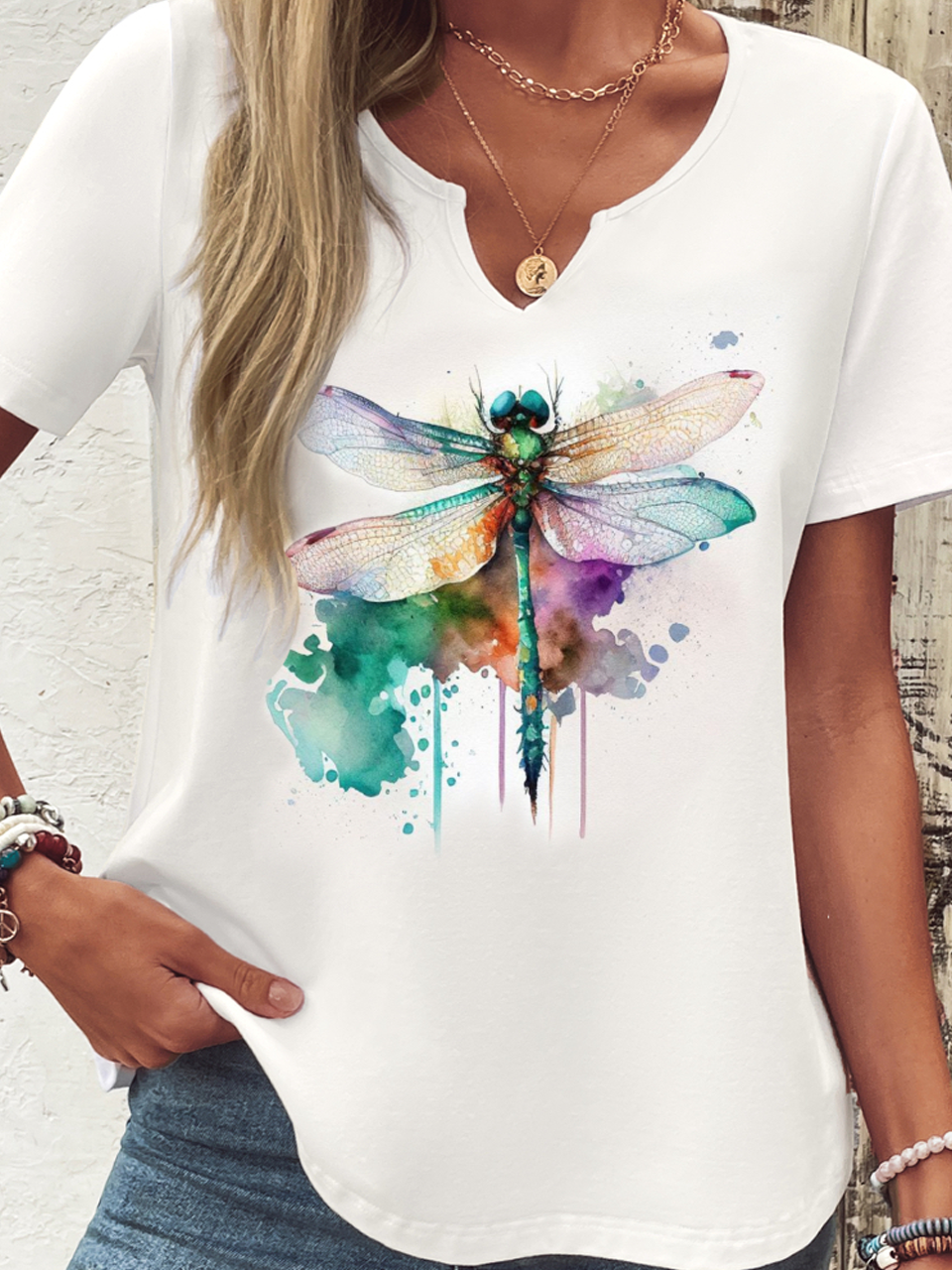 Casual Dragonfly Notched Short Sleeve T-shirt