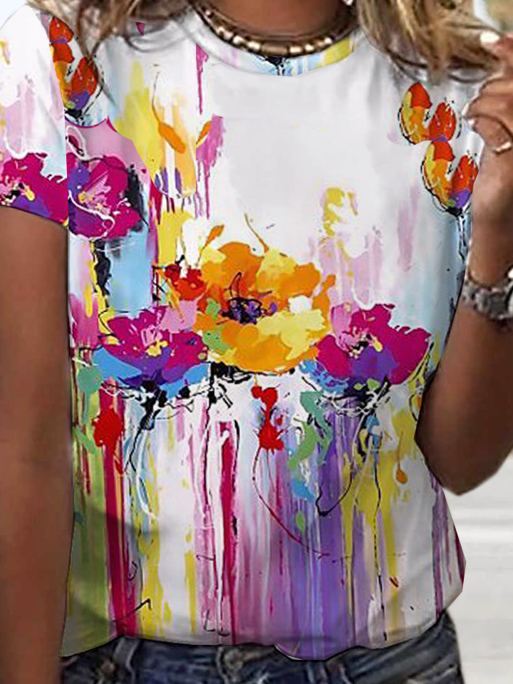 Casual Floral V Neck Short Sleeve T-shirt