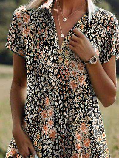 Women Floral Shirt Collar Short Sleeve Comfy Casual Midi Dress