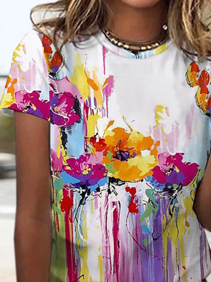 Casual Floral V Neck Short Sleeve T-shirt