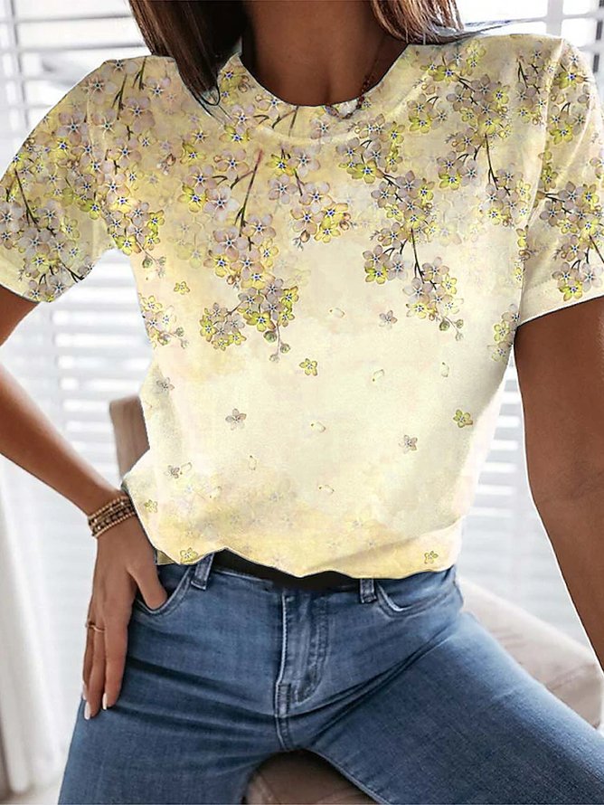 Casual Floral Crew Neck Short Sleeve T-shirt