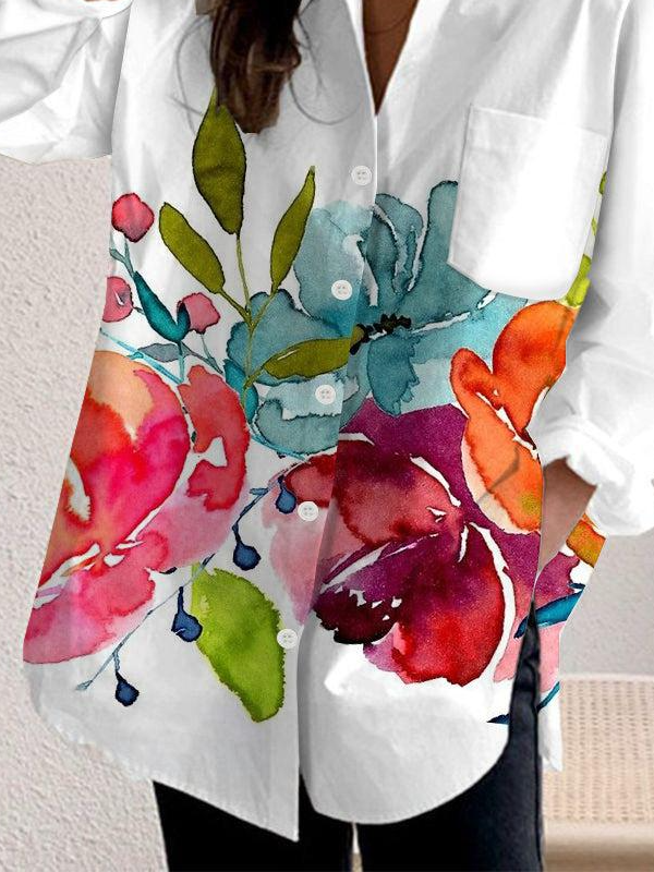 Shirt Collar Long Sleeve Floral Regular Loose Shirt For Women