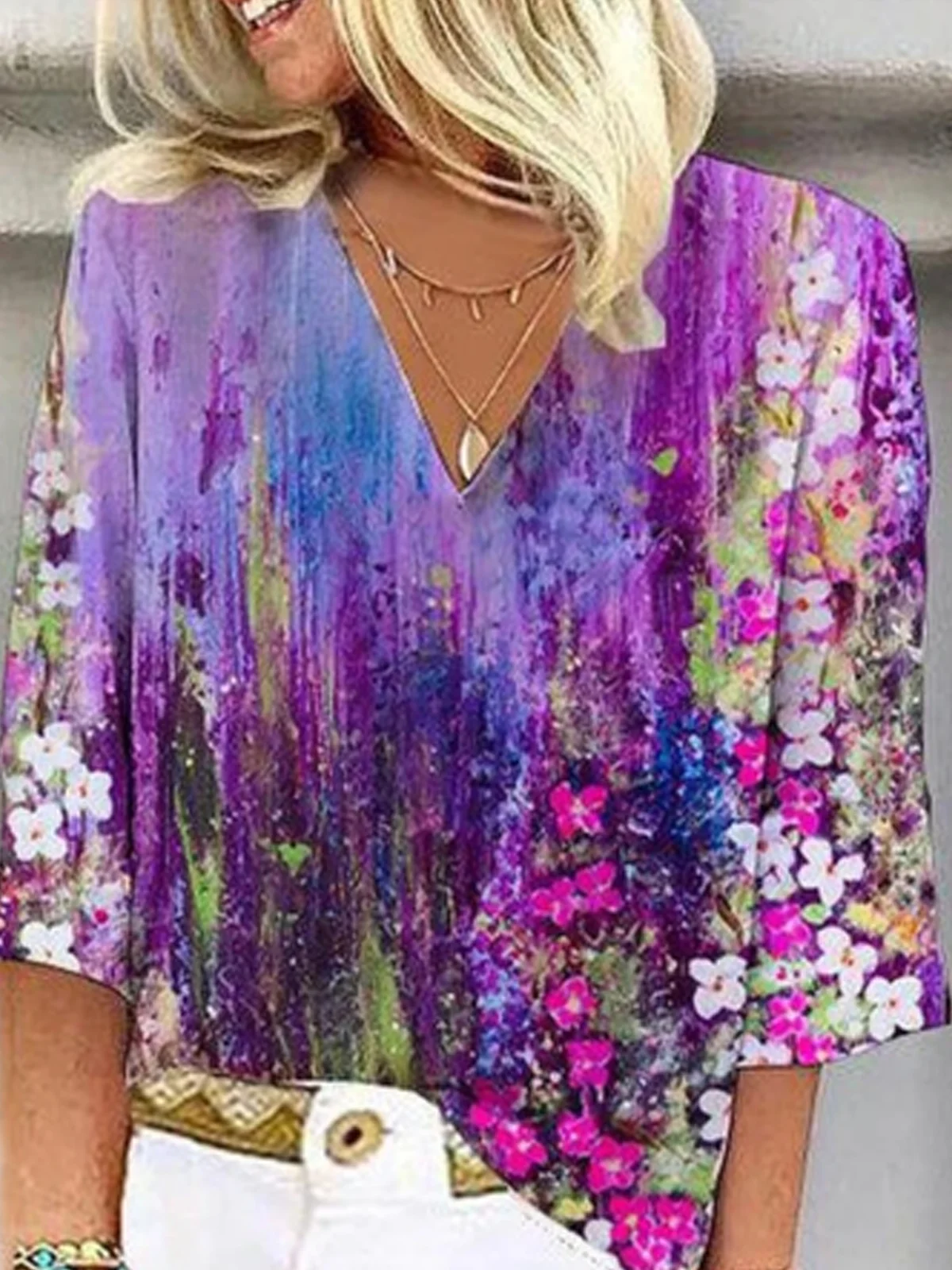 V Neck Half Sleeve Floral Regular Loose Blouse For Women