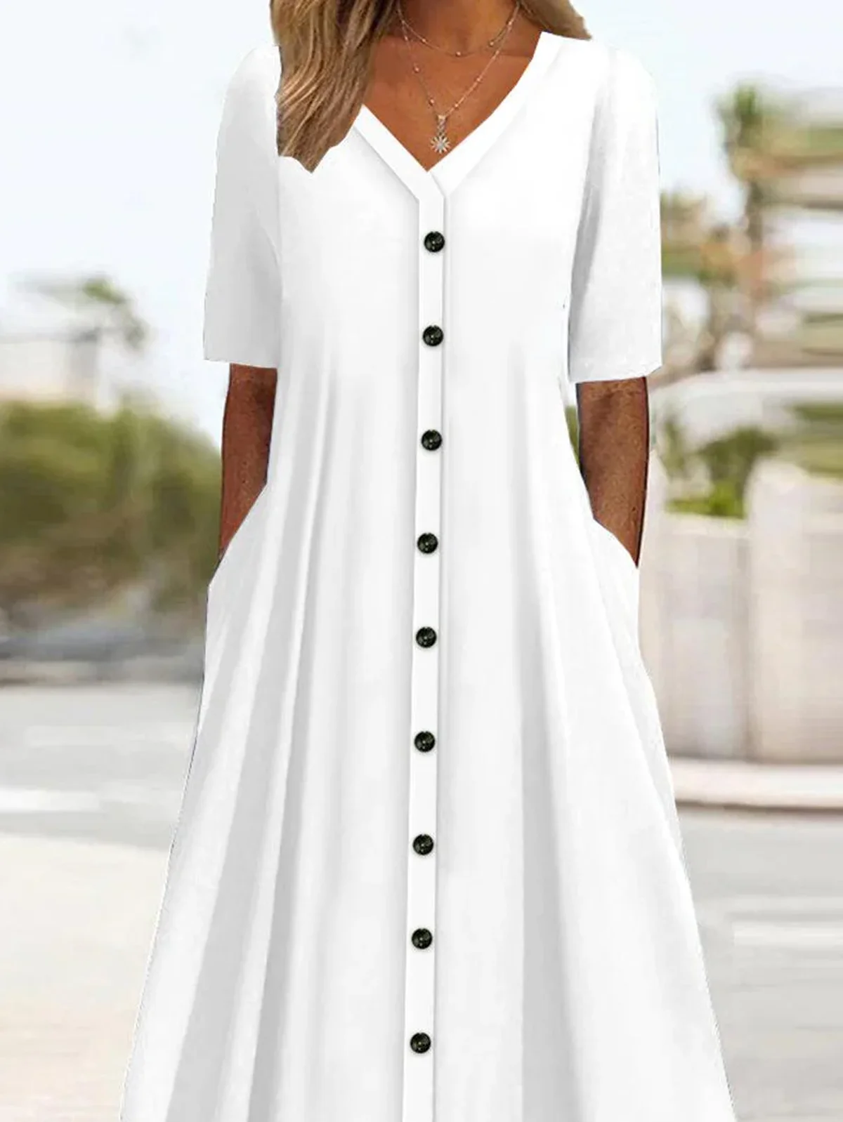 Women Plain V Neck Short Sleeve Comfy Casual Buckle Midi Dress