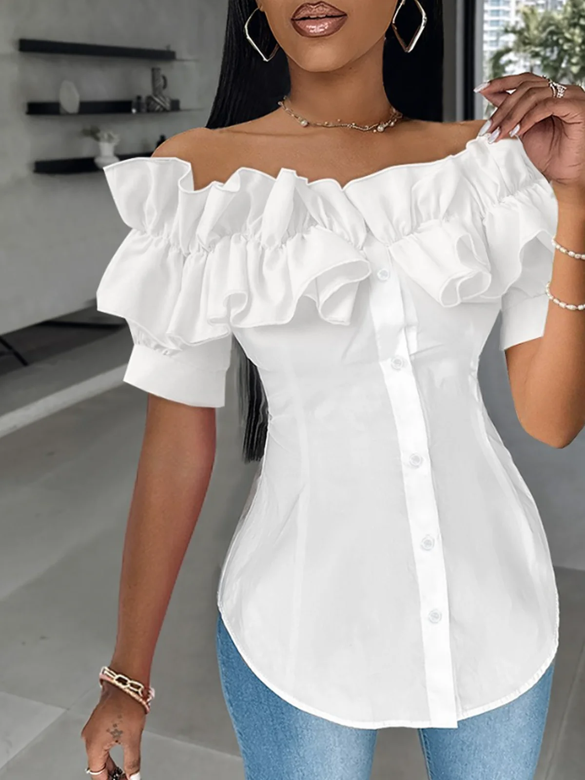 Off The Shoulder Short Sleeve Plain Regular Regular Fit Blouse For Women