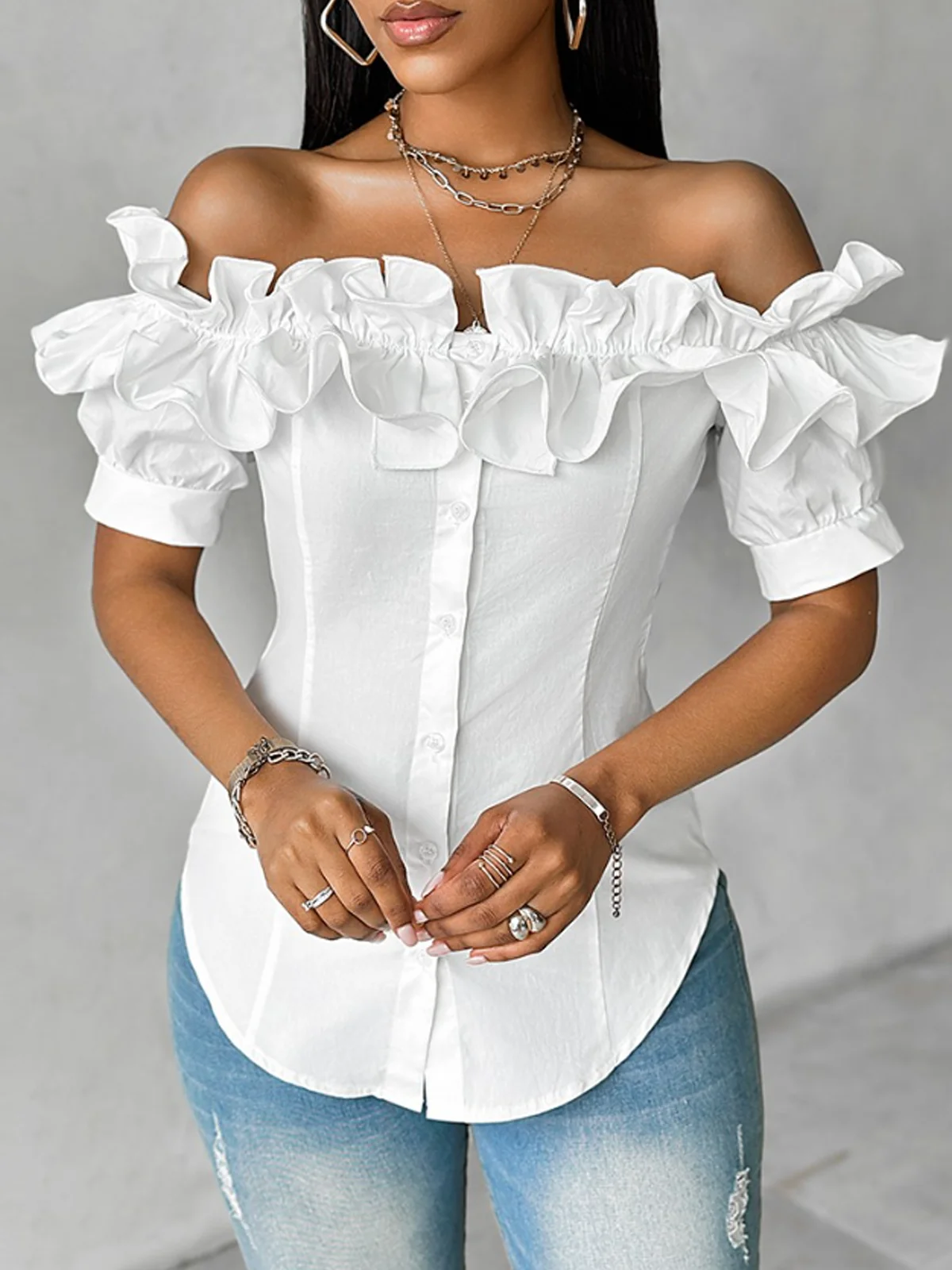 Off The Shoulder Short Sleeve Plain Regular Regular Fit Blouse For Women