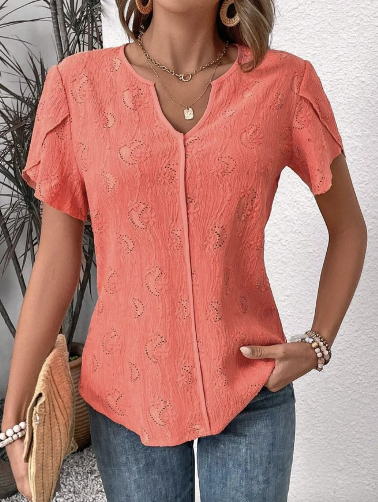 Notched Short Sleeve Plain Lace Regular Loose Blouse For Women