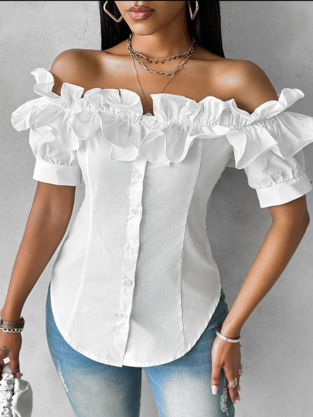 Off The Shoulder Short Sleeve Plain Regular Regular Fit Blouse For Women