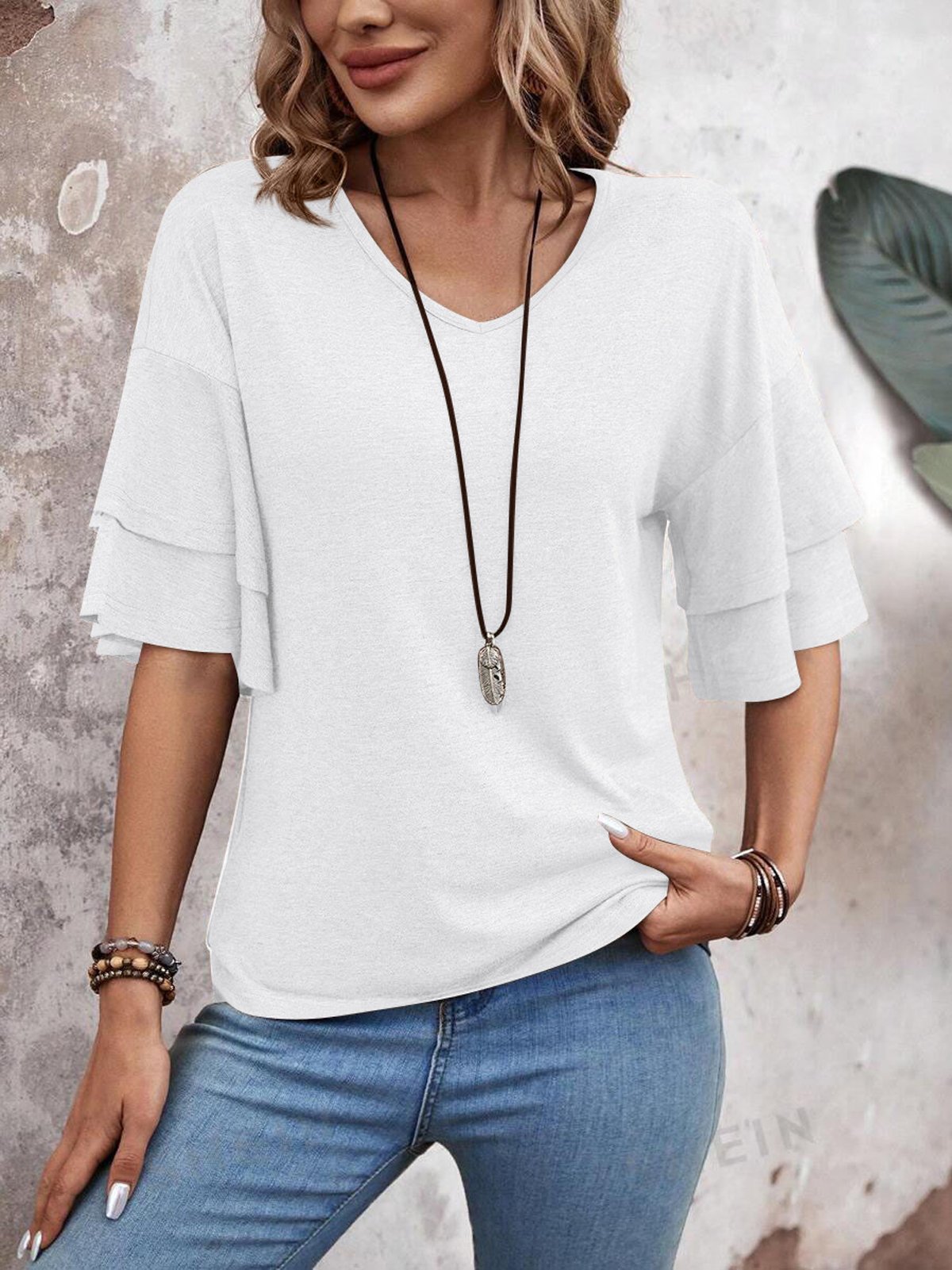 Casual Plain V Neck Half Sleeve T-shirt