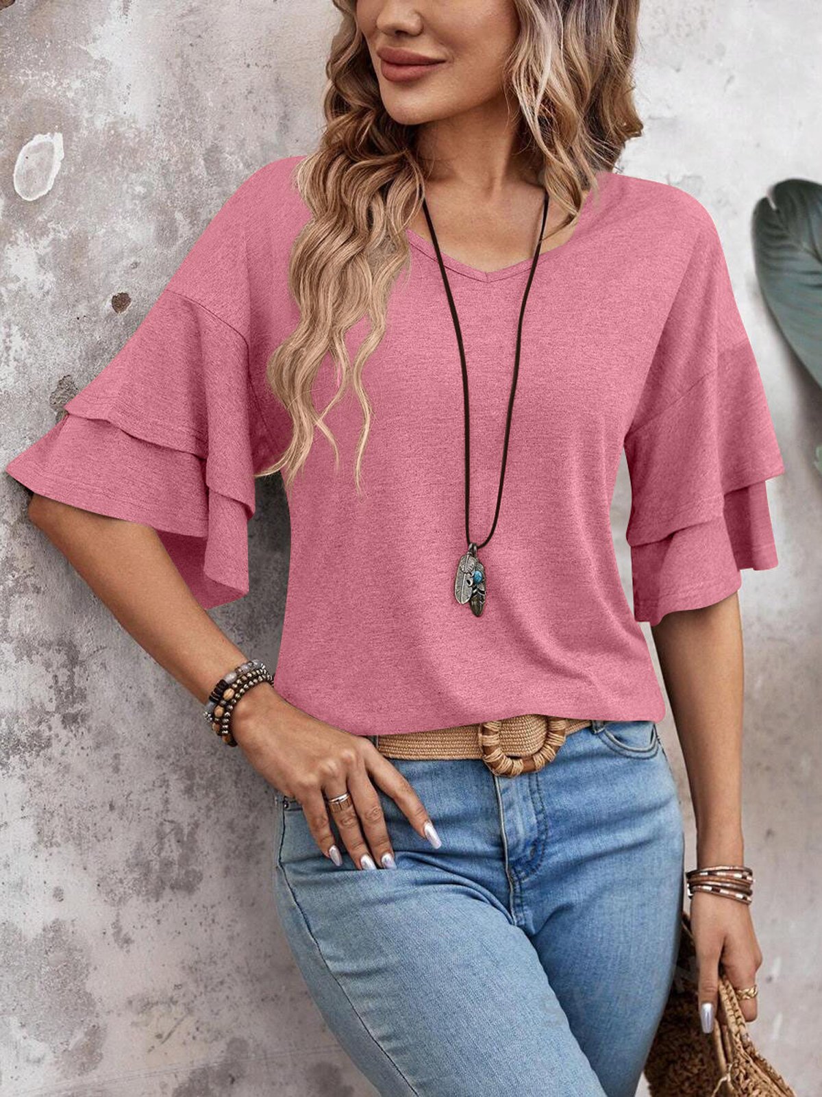 Casual Plain V Neck Half Sleeve T-shirt