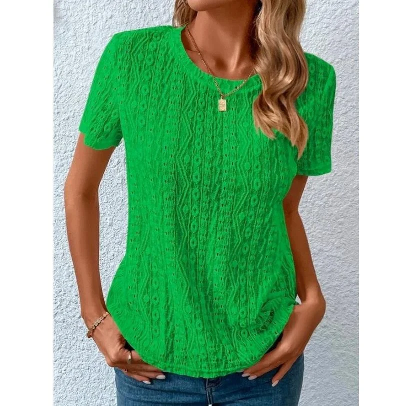 Crew Neck Short Sleeve Plain Regular Loose Blouse For Women