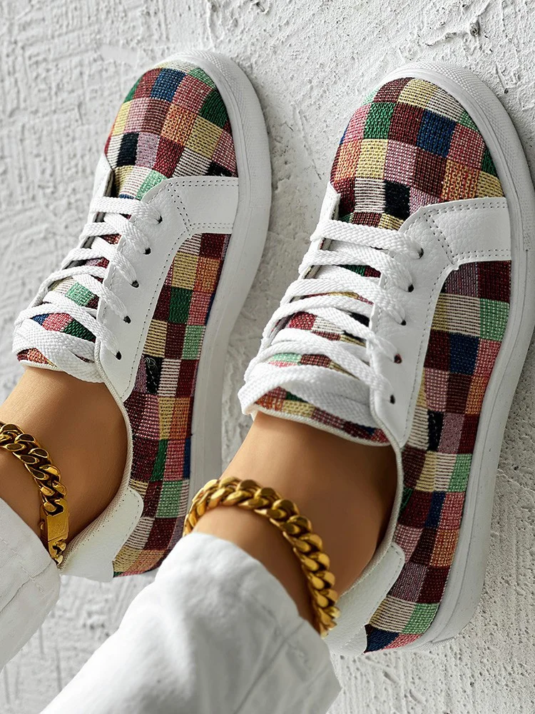 Casual Colorblock Lace-Up Flat Heel Slip On