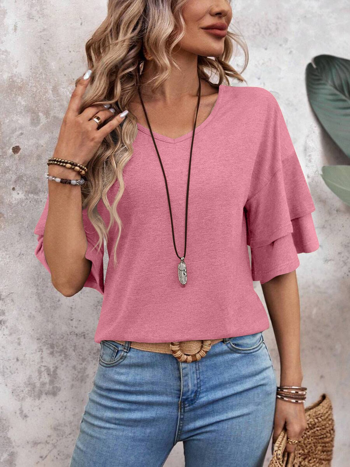 Casual Plain V Neck Half Sleeve T-shirt