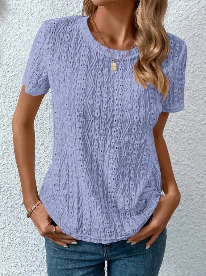 Crew Neck Short Sleeve Plain Regular Loose Blouse For Women