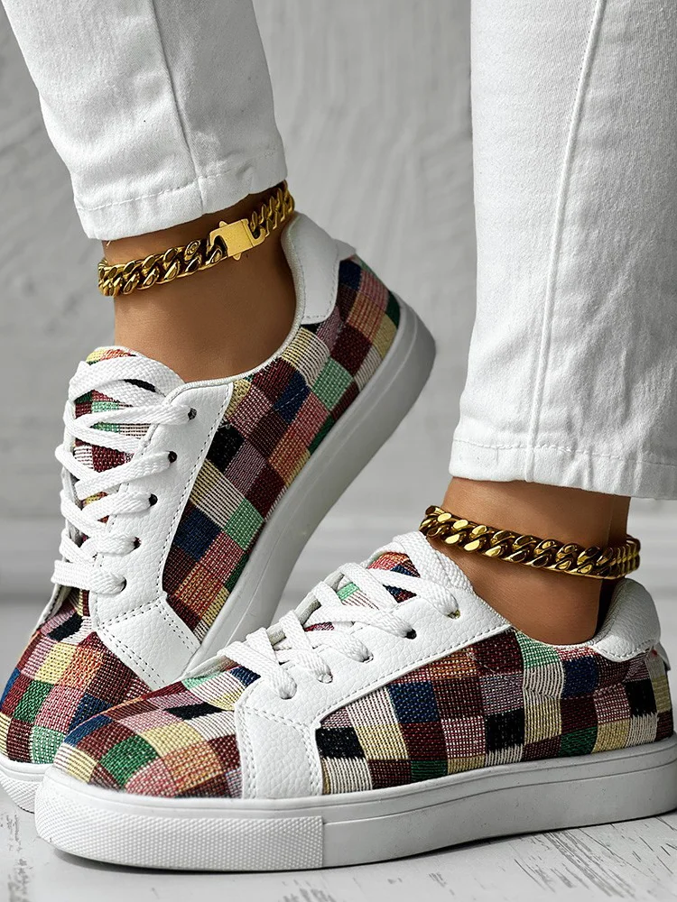 Casual Colorblock Lace-Up Flat Heel Slip On