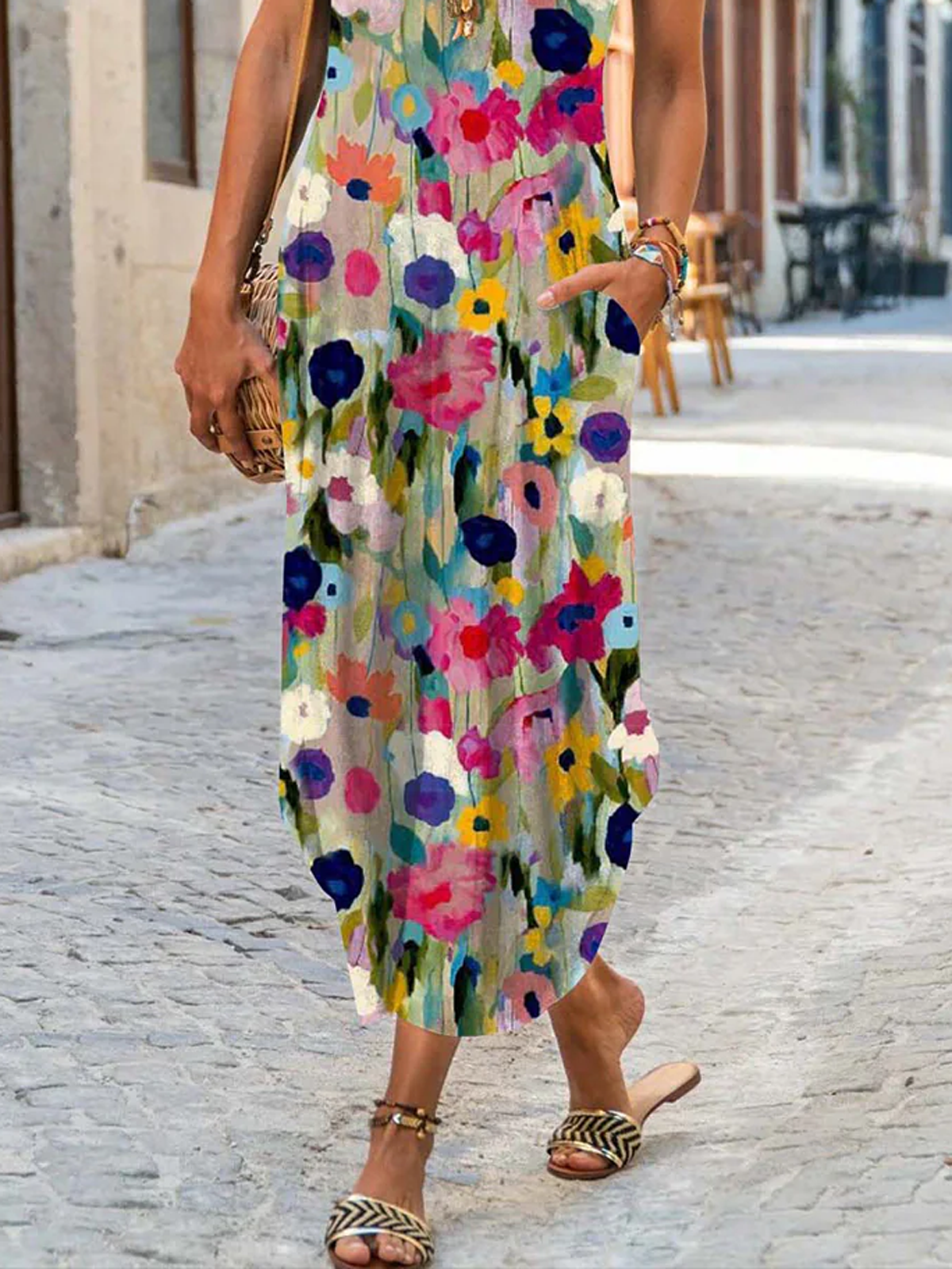 Women Floral Crew Neck Short Sleeve Comfy Casual Maxi Dress